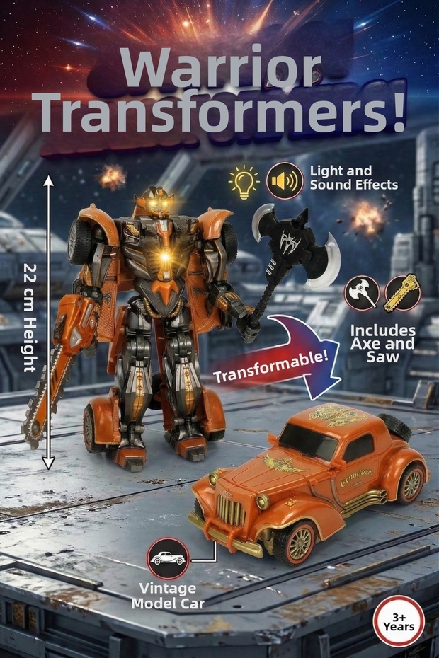 Vardem Light-Up and Sound-Up Transforming Robot - 22 cm Vintage Classic Model Car Warrior Figure