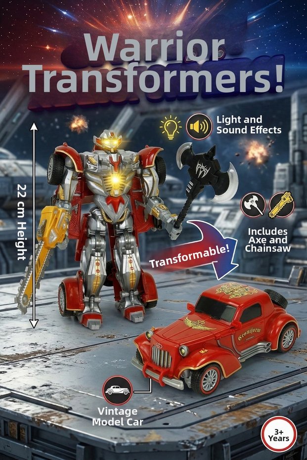 Vardem Light-Up and Sound-Up Transforming Robot - 22 cm Vintage Classic Model Car Warrior Figure