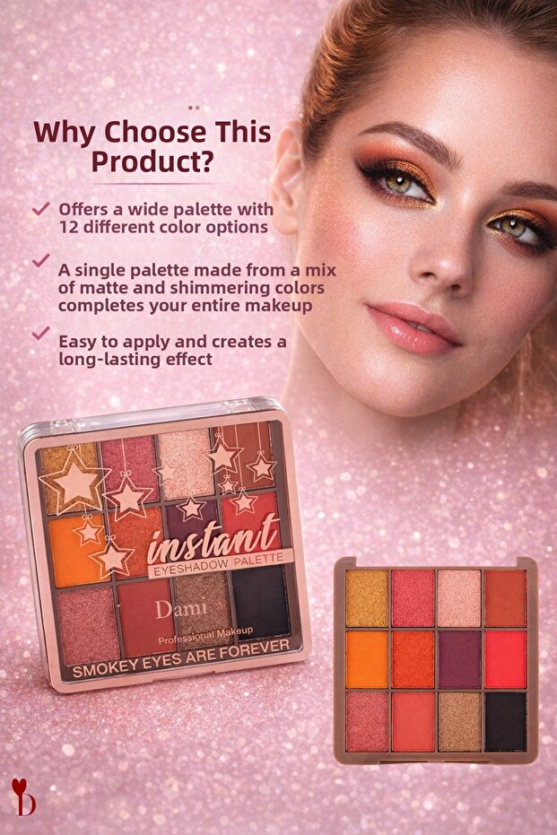 12-Piece Eyeshadow Palette - Matte and Shimmering Warm Shades with Long-Lasting Effect