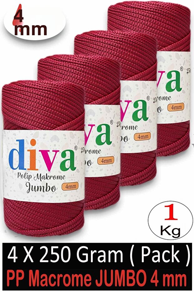 1 kg Polyestre Macrame Jumbo (4 mm) 105U1845 Red (Pack of 4)
