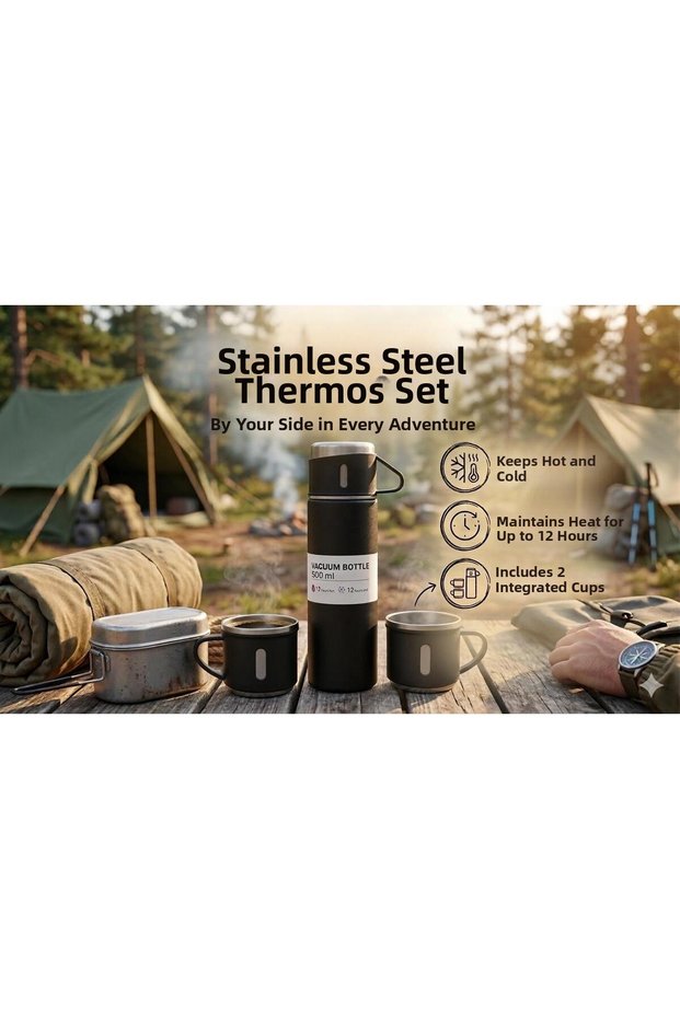 Stainless Steel Thermos with 3 Cups, 500 Ml, Boxed, Leak-Proof Set