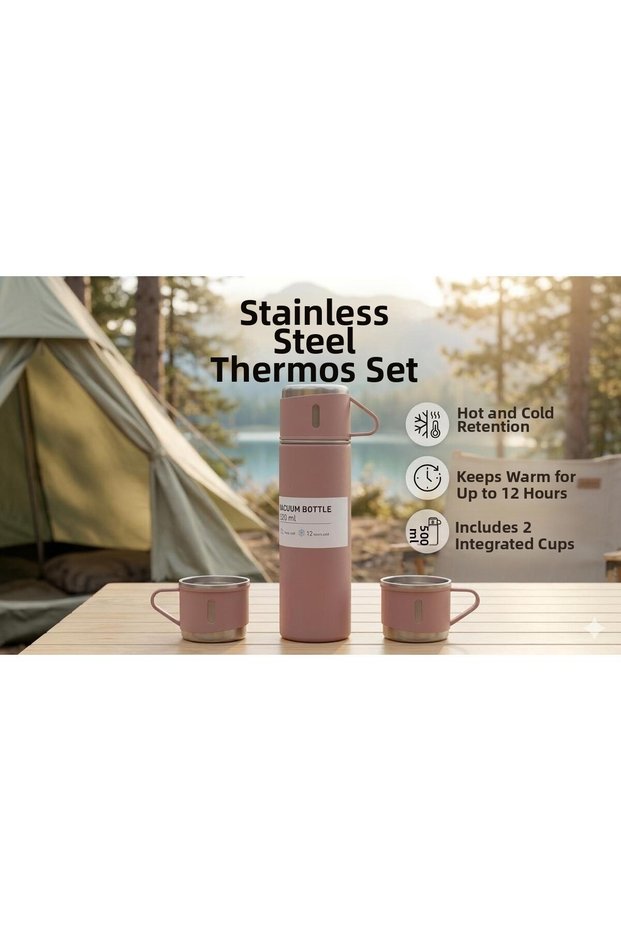Stainless Steel Thermos with 3 Cups, 500 Ml, Boxed, Leak-Proof Set