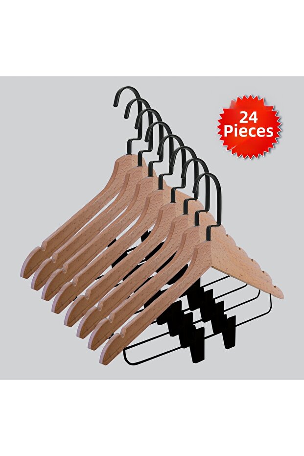 Wooden (Black Hook Lama) Latch Shirt and Skirt Hanger Natural Color 24 Pieces