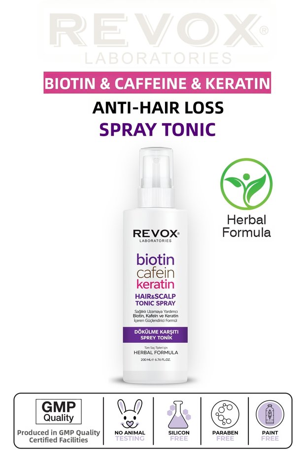 Biotin, caffeine and keratin containing anti-hair loss spray tonic to help healthy growth 200 ml.