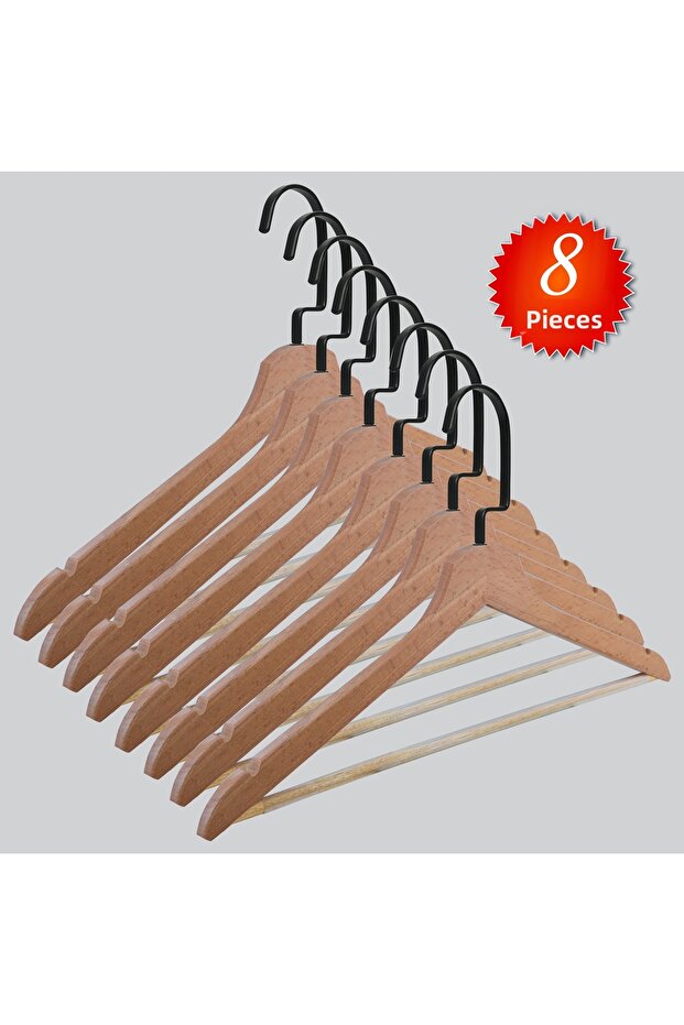 Wooden (Black Hook Lama) Bar Hangers for Shirts and Trousers, Natural Color, 8 Pieces