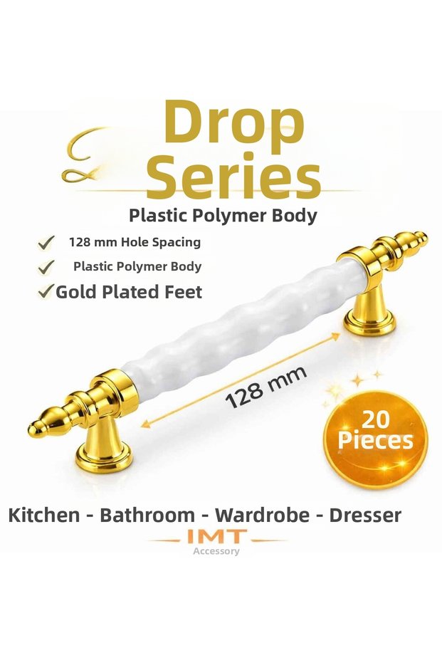 Damla Luxury Polymer Furniture Handle 128 mm White-Gold 20 Pieces Kitchen Cabinet Drawer Wardrobe Handle