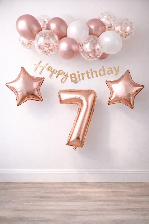 Rose Gold Concept 7Th Birthday Celebration Set; White Gold Confetti Balloon, Number Star Foil and B