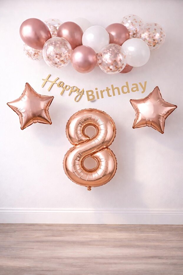 Rose Gold Concept 8Th Birthday Celebration Set; White Gold Confetti Balloon, Number Star Foil and B