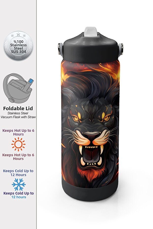 Black Lion Patterned Steel Thermos with Folding Spout 650 ml 38391