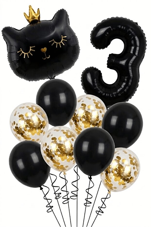 3 Year Old Black Cat Themed Birthday Balloon Set 11 Piece Party Decoration Set