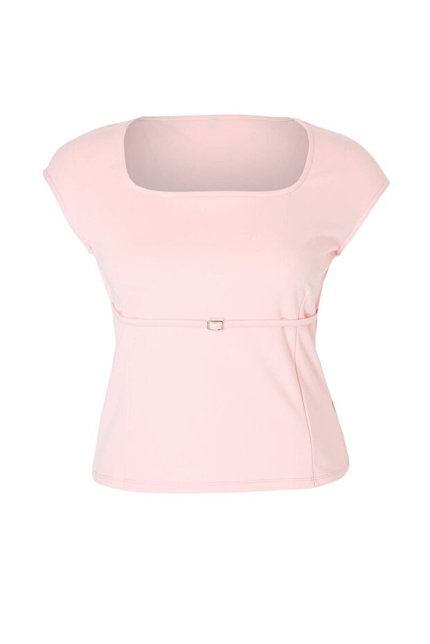 Pembe Kemer Detaylı Kare Yaka İnterlok Örme Büyük Beden Bluz TBBSS26AF00048 - 4