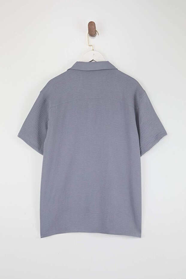 Açık Mavi Oversize Fit Yazlık Kısa Kollu Keten Görünümlü Gömlek TMNSS24GO00019 - 6