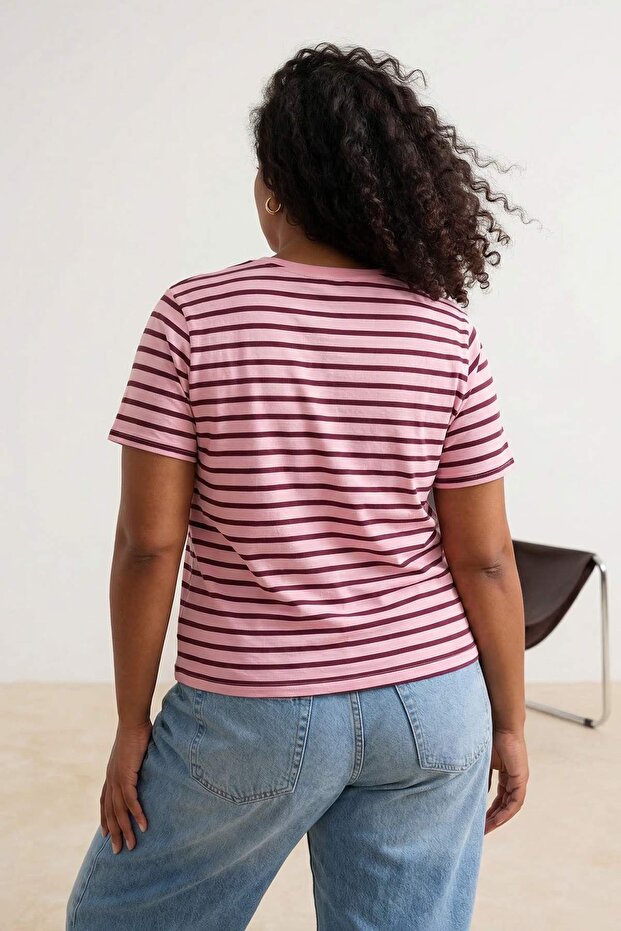 Kırmızı-Pembe Çizgili V -Yaka Örme T-shirt TBBSS23BF00016 - 2