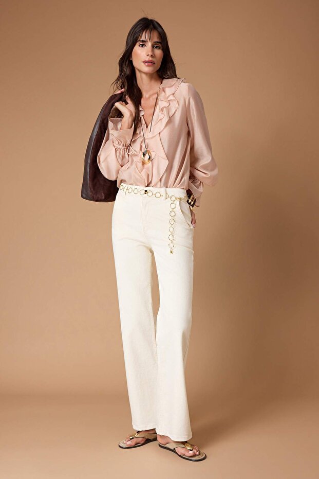 Ekru Zincir Kemer Detaylı Yüksek Bel Az Esnek Wide Leg Jeans TWOSS26JE00186