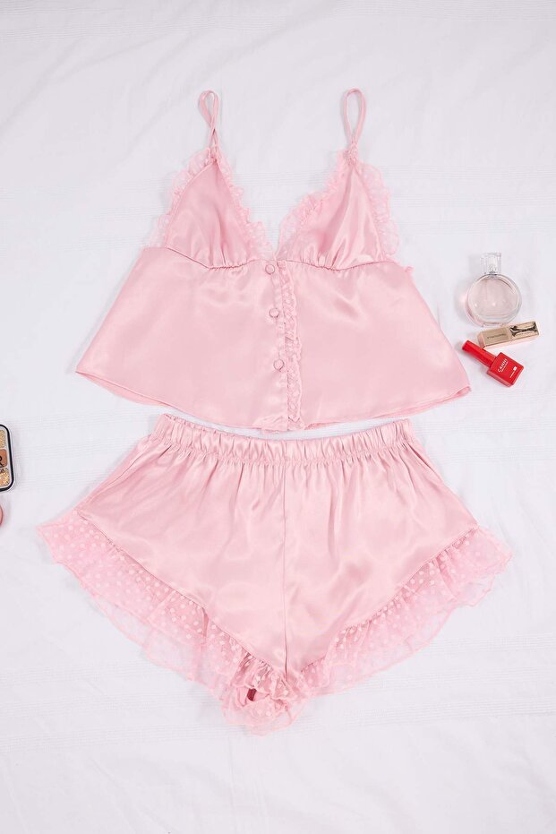 Pembe Puantiyeli Tül Detaylı Saten Dokuma Pijama Takımı THMSS26PT00132 - 4