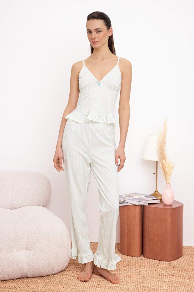 Trendyolmilla  Mint %100 Pamuklu Çizgili ve Kurdeleli Fırfırlı Örme Pijama Takımı THMSS26PT00013 - Görsel 3