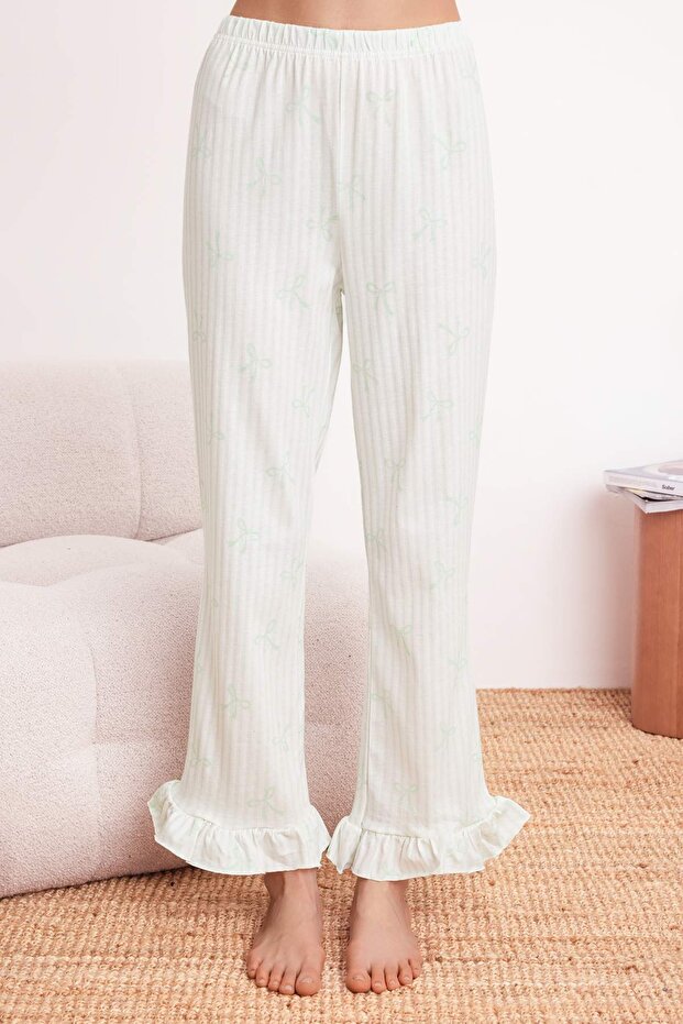 Mint %100 Pamuklu Çizgili ve Kurdeleli Fırfırlı Örme Pijama Takımı THMSS26PT00013 - 3