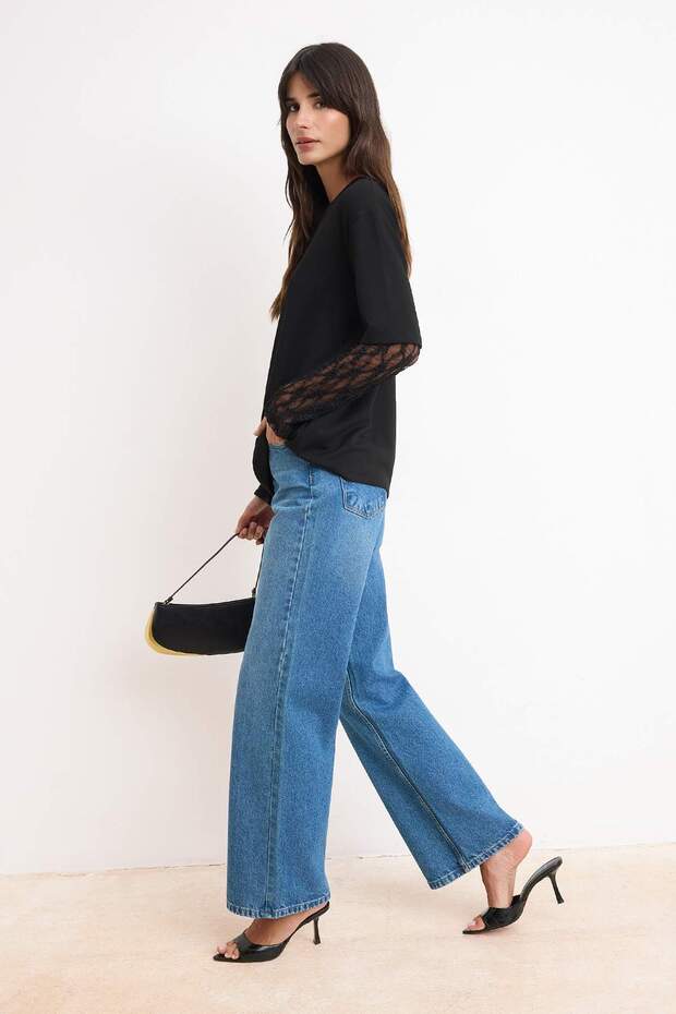 Siyah Oversize/Geniş Kalıp Düşük Kol Dantelli Uzun Kollu Soft Touch Örme T-Shirt TWOSS26TS00191 - 2