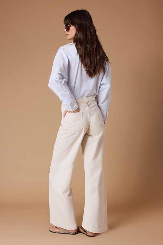 Ekru DÖKÜMLÜ Kemer Detaylı %100 Pamuk Yüksek Bel Kısa Wide Leg Jeans TWOSS26JE00208 - 5