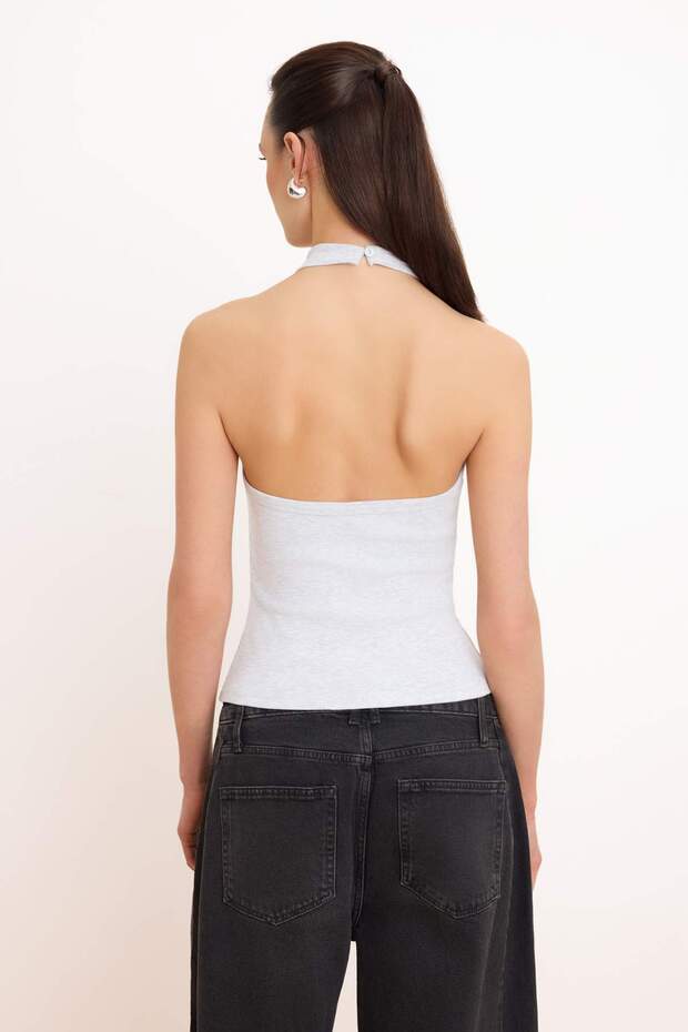 Gri Melanj Fitted/Vücuda Oturan Degaje Yaka Kolsuz Pamuk Ribana Örme Bluz TWOSS26BZ00630 - 4