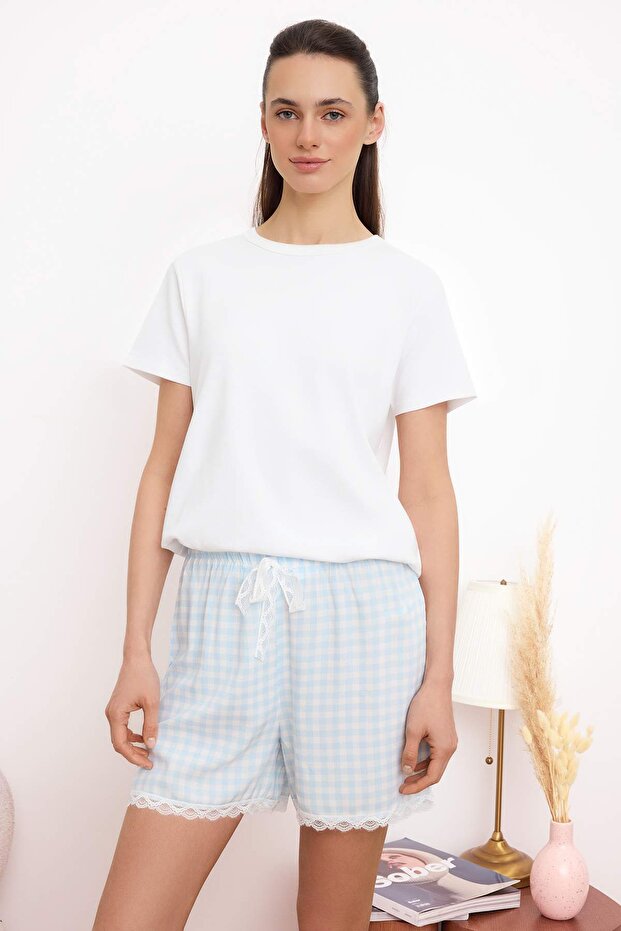 Pembe-Mavi Ekoseli Çiçekli Dantel Detaylı Viskon Dokuma Pijama Altı THMSS26PJ00005 - 5