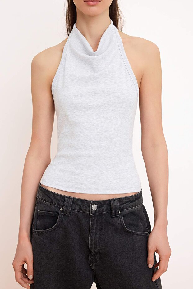 Gri Melanj Fitted/Vücuda Oturan Degaje Yaka Kolsuz Pamuk Ribana Örme Bluz TWOSS26BZ00630 - 3