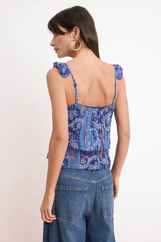 Indigo Şal Desen Boho/Boho Chic Regular/Normal Kalıp Kare Yaka Kolsuz Tül Örme Bluz TWOSS26BZ00564 - 4