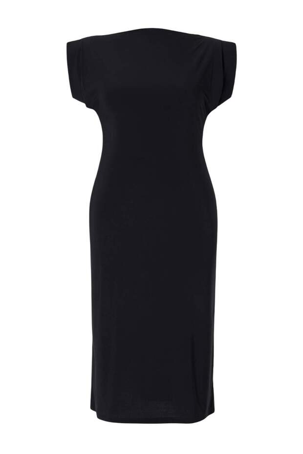 Siyah Düz Midi Vatkalı Drapeli Bodycone/Vücuda Oturan Esnek Örme Büyük Beden Elbise TBBSS26AH00119 - 4