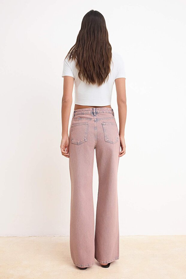 Pembe Yüksek Bel Wide Leg Geniş Paça %100 Pamuklu Jeans TWOSS26JE00175 - 4