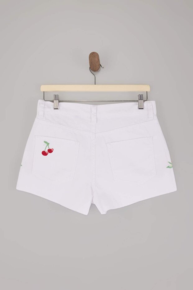 Beyaz Denim Süper Mini Nakışlı 100% Pamuk Plaj Şort TBESS26SR00006 - 9