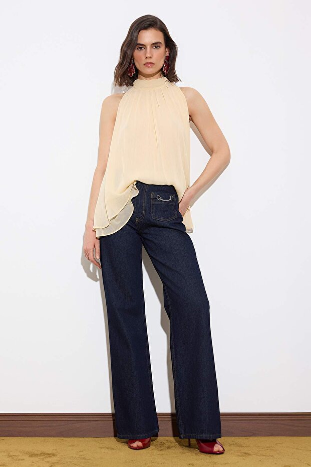 Limited Edition Koyu Mavi DÖKÜMLÜ Cep Detaylı Yüksek Bel %100 Pamuk Wide Leg Jeans TWOSS26JE00028 - 1