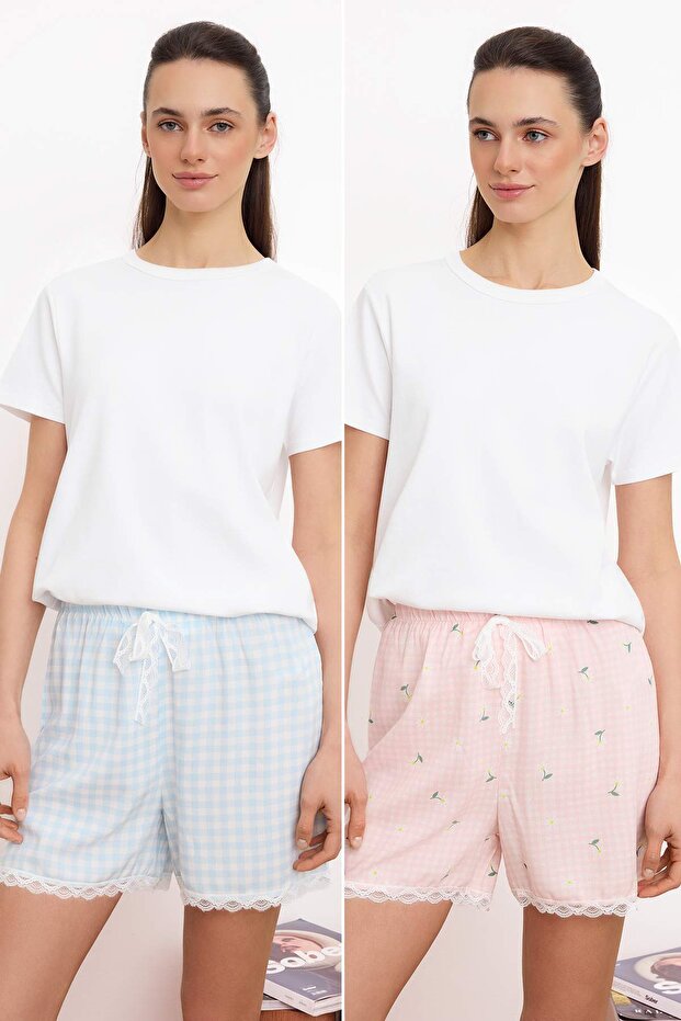 Pembe-Mavi Ekoseli Çiçekli Dantel Detaylı Viskon Dokuma Pijama Altı THMSS26PJ00005 - 1