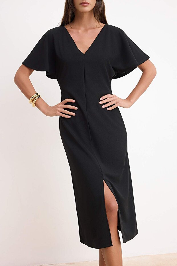 Siyah Düz Bodycon V Yaka Melek Kol Kısa Midi Scuba Krep Örme Elbise TWOSS26EL00471 - 3
