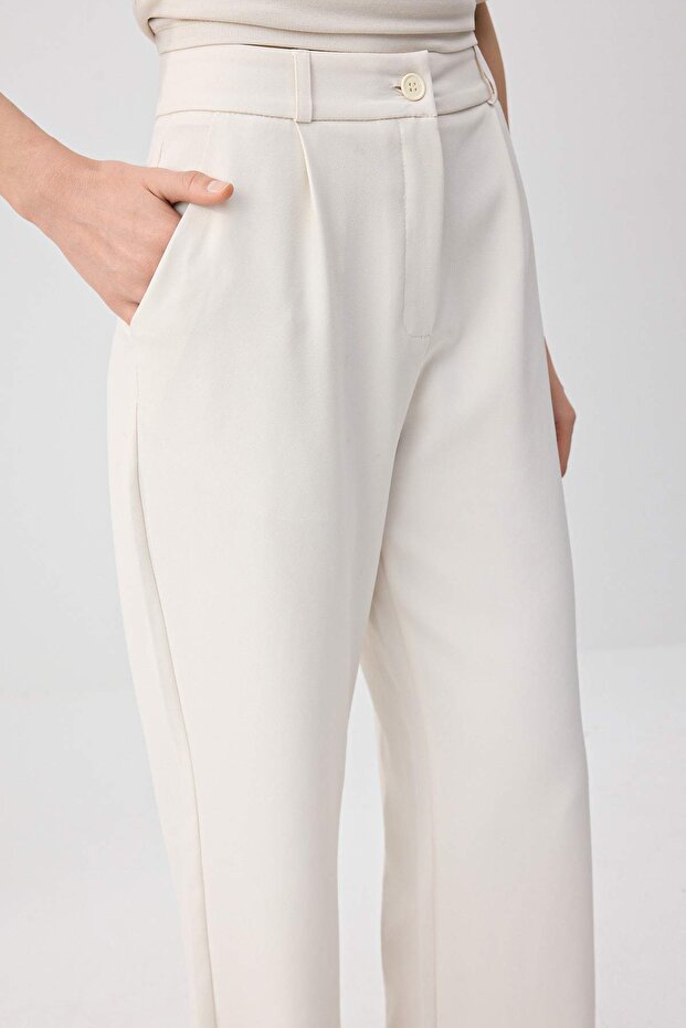 Ekru Yüksek Bel Wide Leg/Geniş Paça Pilili Dokuma Kumaş Pantolon TWOAW21PL0076 - 6