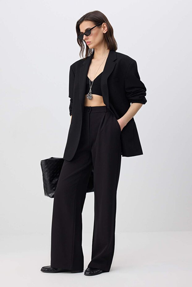 Siyah Yüksek Bel Wide Leg/Geniş Paça Pileli Dokuma Kumaş Pantolon TWOAW21PL0076 - 1