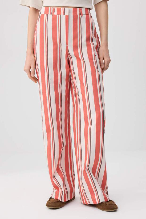 Kırmızı-Çok Renkli Gabardin Çizgili Desenli Wide Leg/Geniş Paça Pantolon TWOSS26PL00085 - 4
