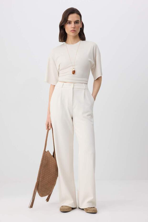 Ekru Yüksek Bel Wide Leg/Geniş Paça Pilili Dokuma Kumaş Pantolon TWOAW21PL0076 - 4
