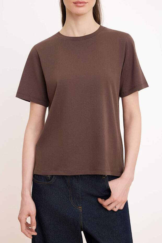 Koyu Kahverengi Fırçalı Yumuşak Dokulu Regular/Normal Kalıp %100 Pamuk Örme T-Shirt TWOSS26TS00131 - 4