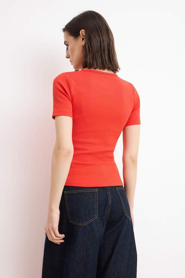 Kırmızı Fitted/Vücuda Oturan Çıtçıtlı Kısa Kollu Fitilli Esnek Örme Bluz TWOSS26BZ00334 - 4