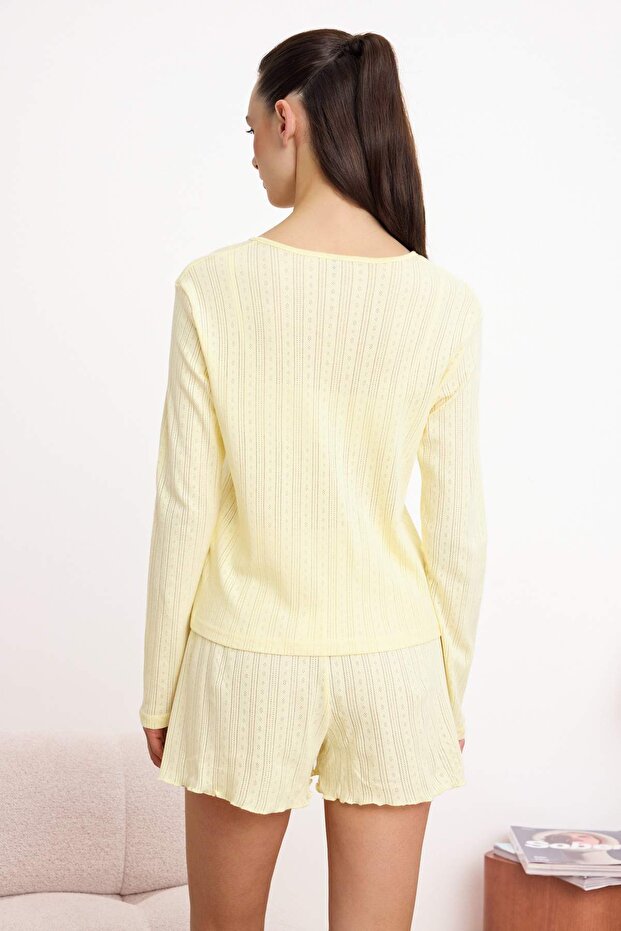 Sarı %100 Pamuklu 3'lü Fitilli/Pointel Örme Pijama Takımı THMSS26PT00161 - 4