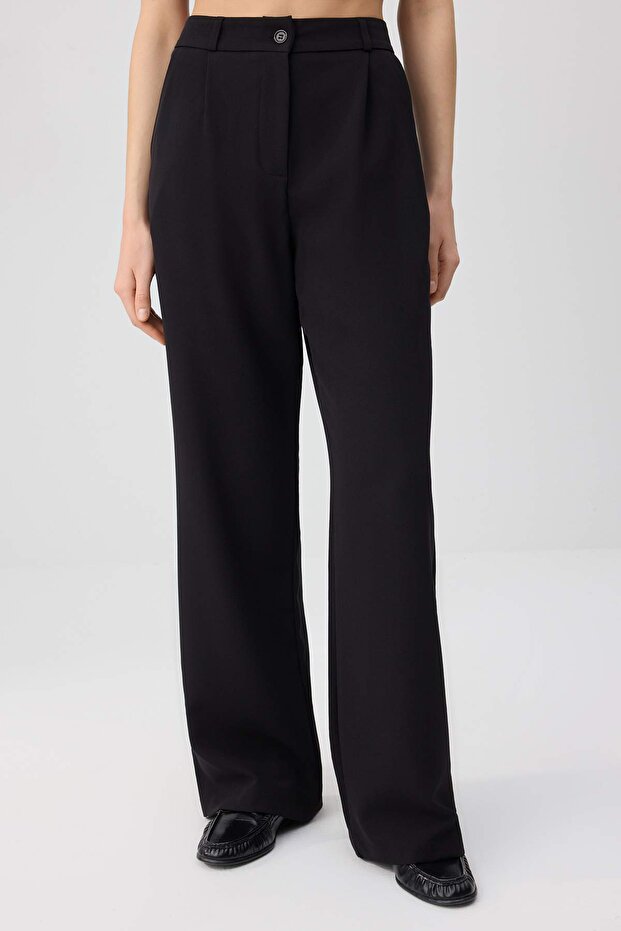 Siyah Yüksek Bel Wide Leg/Geniş Paça Pileli Dokuma Kumaş Pantolon TWOAW21PL0076 - 8