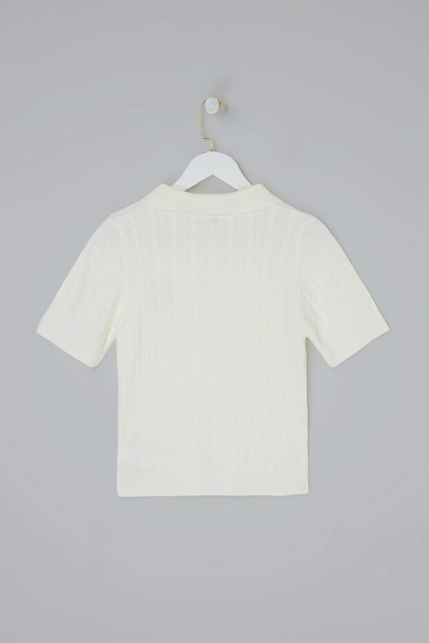 Ekru At Nakışlı Polo Yaka Saç Örgü Triko Bluz TWOSS26BZ00163 - 6