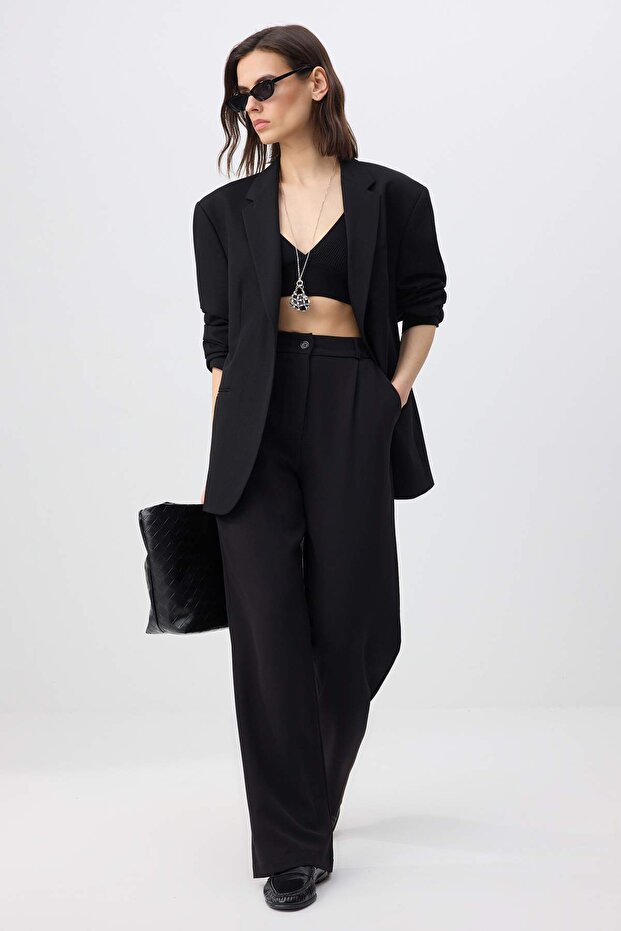 Siyah Yüksek Bel Wide Leg/Geniş Paça Pileli Dokuma Kumaş Pantolon TWOAW21PL0076 - 7