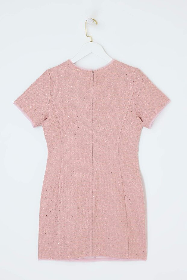Pembe Parıltılı Tüvit Mini Dokuma Elbise TWOSS26EL00079 - 2