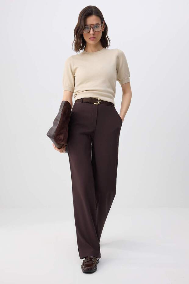 Koyu Kahverengi Geniş Paça Wide Leg Bootcut Dokuma Kumaş Pantolon TWOAW21PL0332 - 1