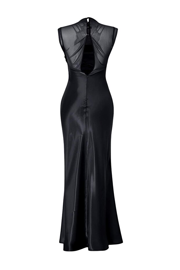 Siyah Düz Saten Maxi Abiye & Mezuniyet Elbisesi TPRSS26AE00168 - 5