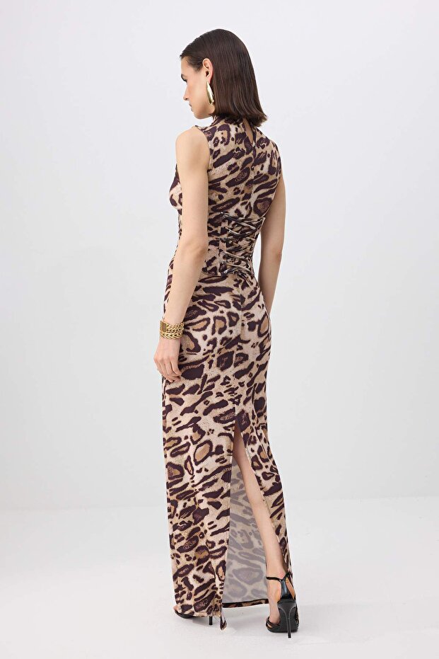 Kahverengi Leopar Desen Korse Detay Sandy Maxi Astarsız Party Elbise TPRSS26EL00223 - 4