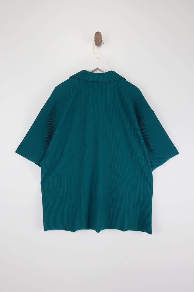 Büyük Beden Yeşil Oversize Dokulu Ottoman Polo Yaka T-Shirt TMNSS24BF00047 - 3