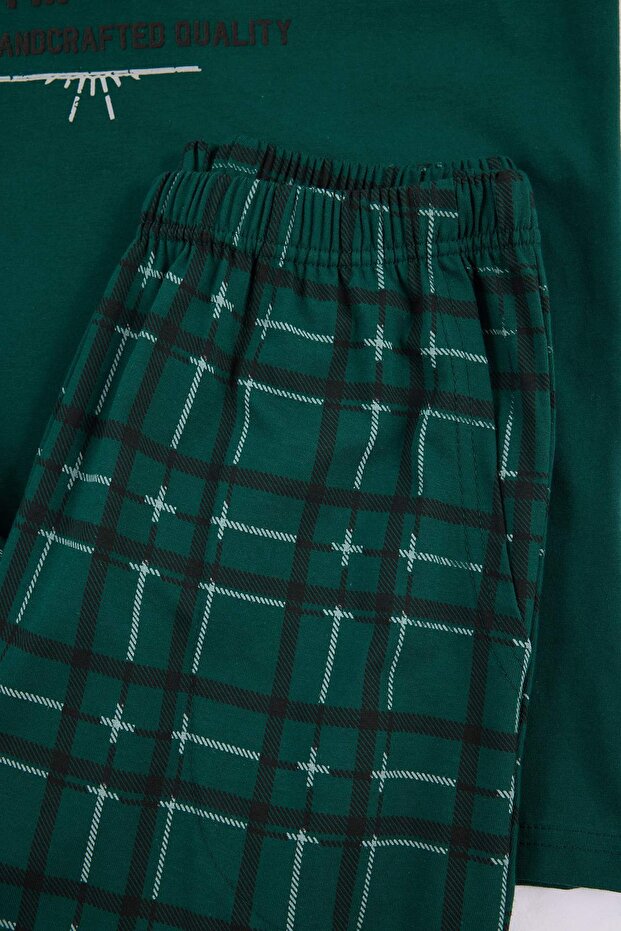 Yeşil Regular/Normal Kesim Baskılı Alt Ekose Desenli Pijama Takımı TMNSS26PT00044 - 5