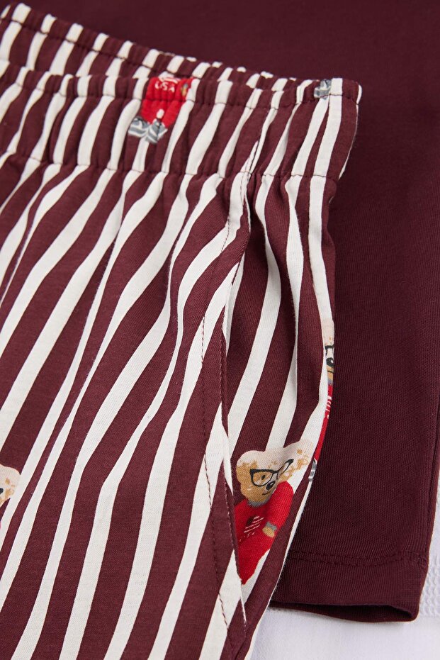 Unisex Bordo Regular Fit Ayıcık Baskılı Örme Şortlu Pijama Takımı TMNSS24PT00034 - 5